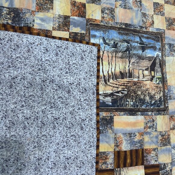 Handmade Quilt Throw 41x56 Vintage Ranch Cabin Scenery Ducks Brown Rust Gray - Picture 4 of 6